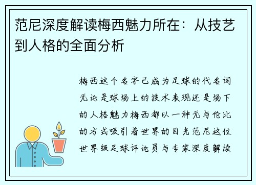 范尼深度解读梅西魅力所在：从技艺到人格的全面分析