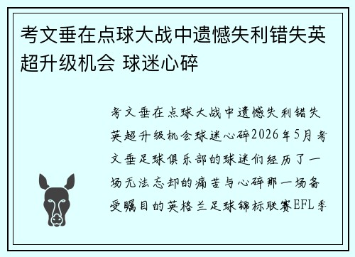 考文垂在点球大战中遗憾失利错失英超升级机会 球迷心碎